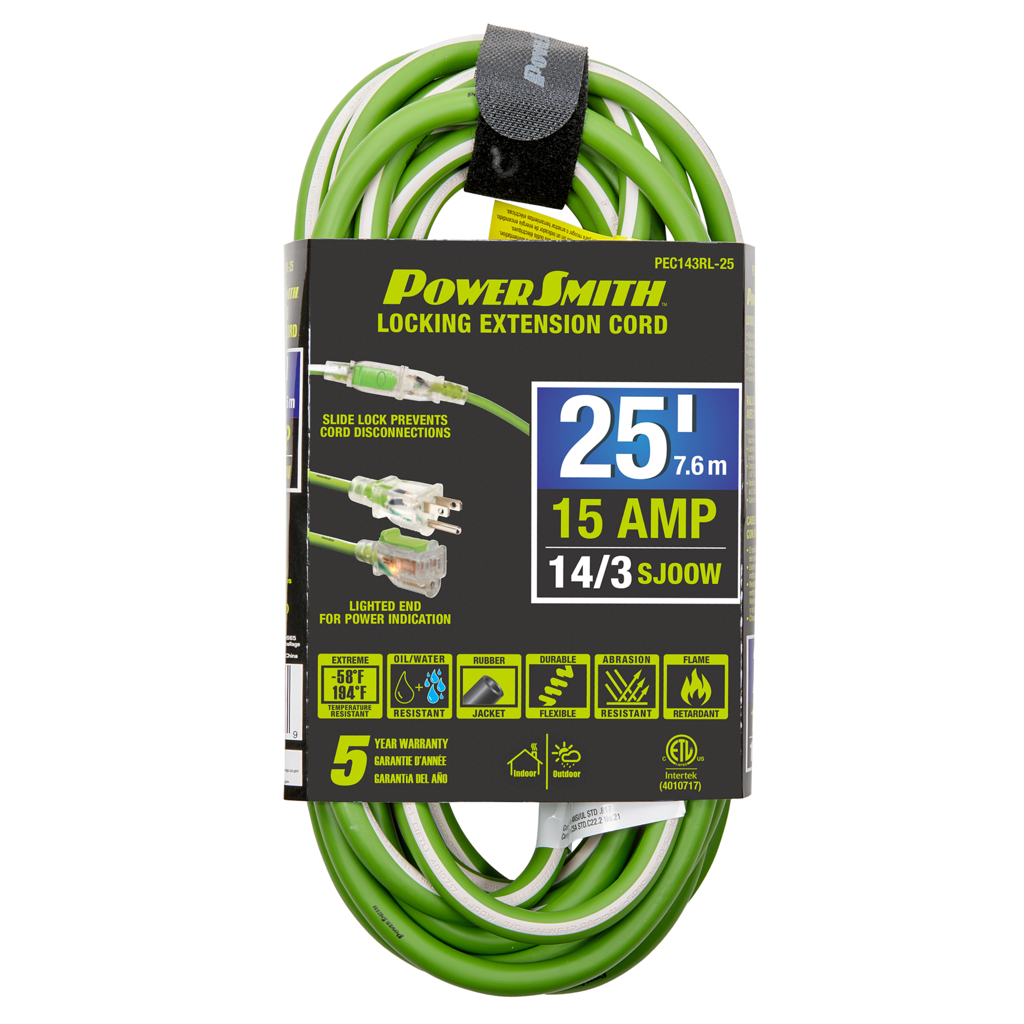 PowerSmith Medium Duty Extension Cord — 25ft., 14/3, All-Weather, Lighted End, Flame-Retardant, Model# PEC143RL-25